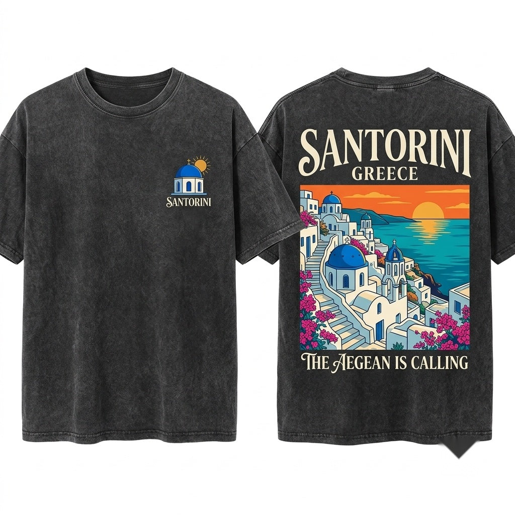 Santorini Greece Coastal Vacation Summer Beach Graphic Vintage Souvenir Unisex Wash T-Shirt