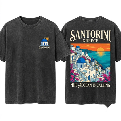 Santorini Greece Coastal Vacation Summer Beach Graphic Vintage Souvenir Unisex Wash T-Shirt