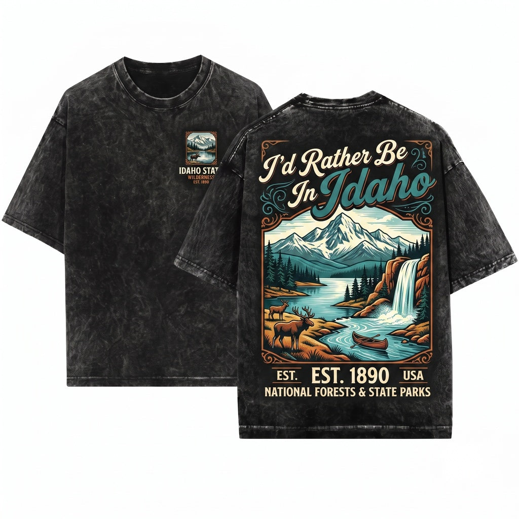 Rather Be In Idaho Wildlife Design Rustic Cabin & Waterfall Landscape Vintage Art Outdoor Adventure Nature Lover Gift Unisex Wash