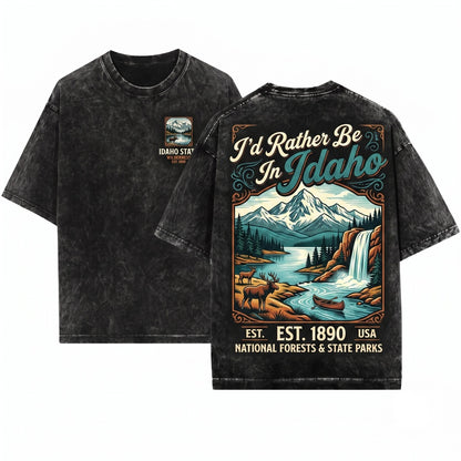 Rather Be In Idaho Wildlife Design Rustic Cabin & Waterfall Landscape Vintage Art Outdoor Adventure Nature Lover Gift Unisex Wash