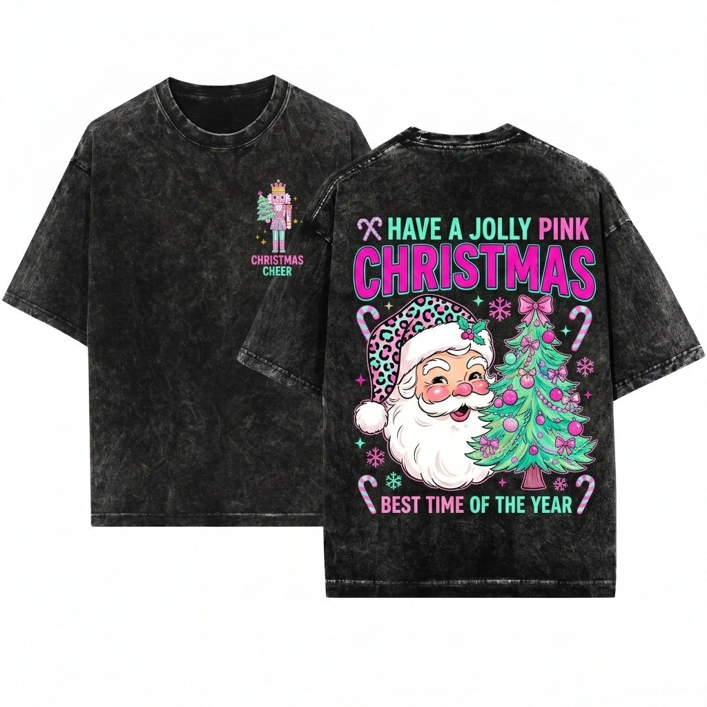 Brushstroke Pink Christmas PNG Bundle Merry Bright Floral Nutcracker Santa Joy Varsity Graphic Unisex Wash T-Shirt