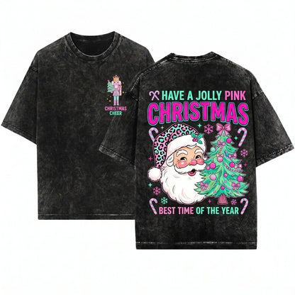 Brushstroke Pink Christmas PNG Bundle Merry Bright Floral Nutcracker Santa Joy Varsity Graphic Unisex Wash T-Shirt