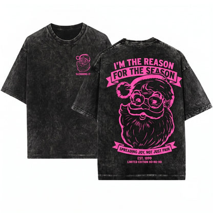 Pink Retro Minimalist Santa Line Art Vintage Christmas Holiday Graphic Unisex Wash T-Shirt