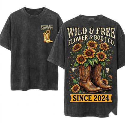 Floral Cowboy Boots Western Country Vintage Graphic Unisex Wash T-Shirt