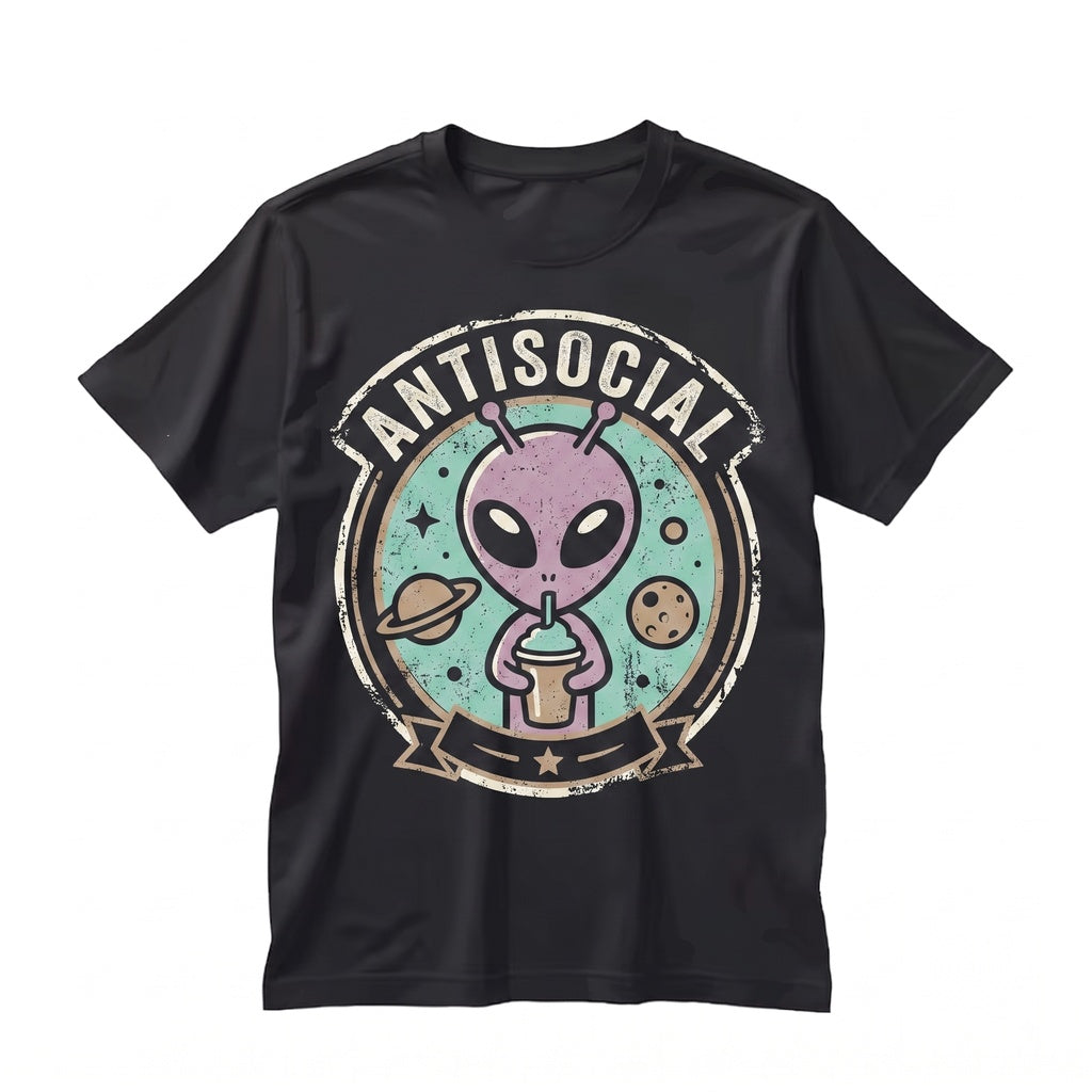 Anti Social Cute Funny Space Alien Waterproof Graphic Decal Unisex TShirt