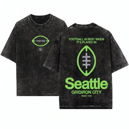 Seattle Vintage Football Champions Graphic Back Print Unisex Wash T-Shirt
