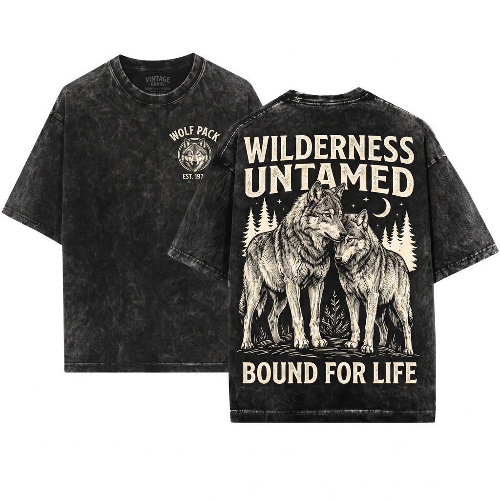 Vintage Rustic Woodland Wilderness Wildlife Wolf Couple Graphic Gift Unisex Wash T-Shirt