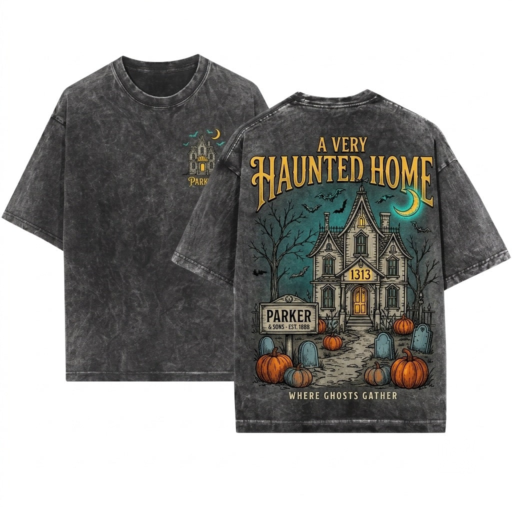 Custom Personalized Haunted Gothic House Number Embroidered Spooky Halloween Family Name Gift Unisex Wash T-Shirt