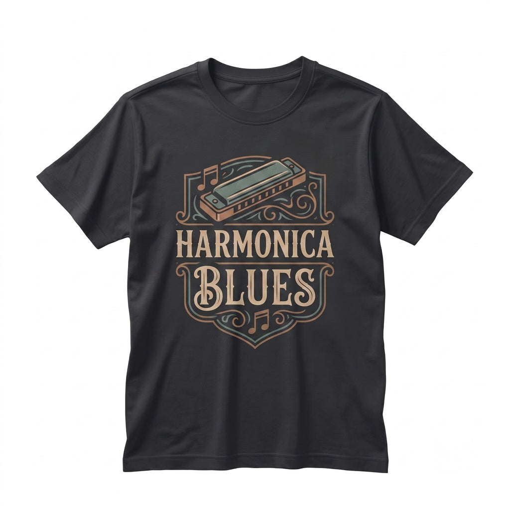 Vintage Blues Harmonica Player Retro Band Instrument Graphic Musician Gift Festival Unisex TShirt