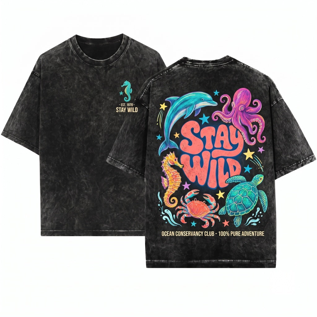 Retro Stay Wild Ocean Animals Colorful Marine Life Groovy Coastal Nature Sea Lover Gift Unisex Wash T-Shirt