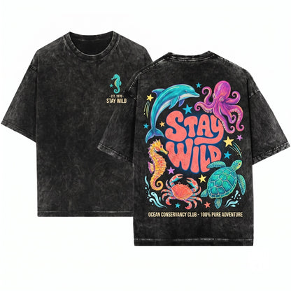 Retro Stay Wild Ocean Animals Colorful Marine Life Groovy Coastal Nature Sea Lover Gift Unisex Wash T-Shirt