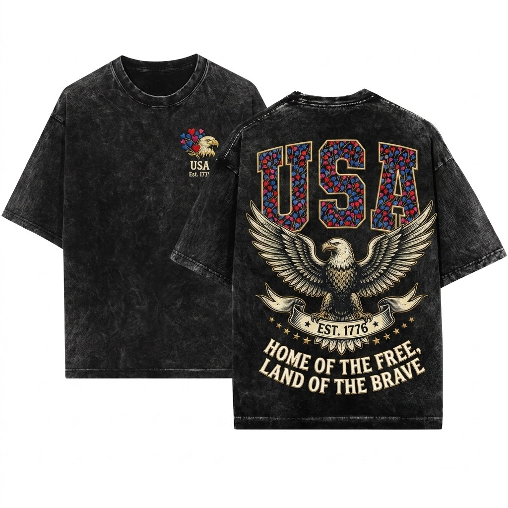 1776 USA Patriotic Faux Embroidery Preppy Hearts Balloon Varsity 4th of July Red White Blue PNG Unisex Wash T-Shirt
