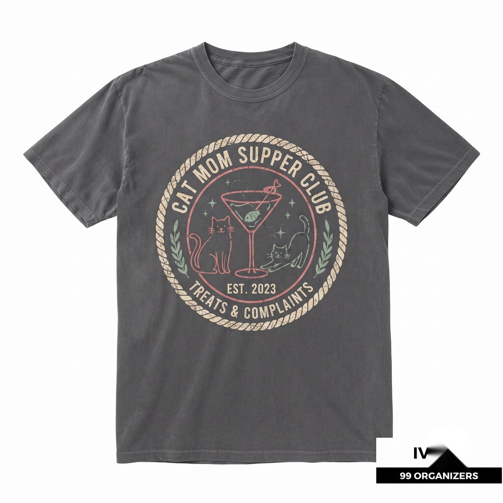 Cat Mom Supper Club Apparel, Funny Wine Lover Graphic Top, Cute Feline Owner Casual Unisex TShirt