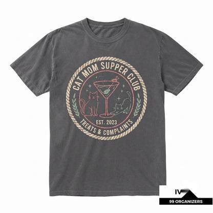 Cat Mom Supper Club Apparel, Funny Wine Lover Graphic Top, Cute Feline Owner Casual Unisex TShirt