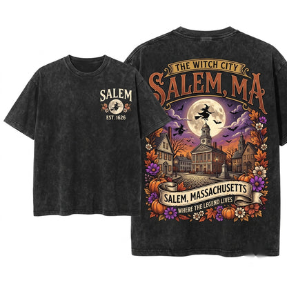 Vintage Salem Massachusetts Witch City Halloween Spooky Season Fall Graphic Unisex Wash T-Shirt