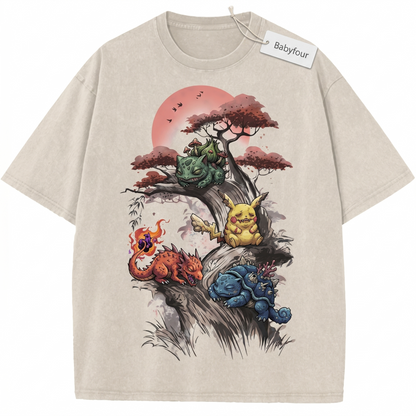 Vintage 90s Retro Anime Monsters Graphic Unisex T-Shirt - Classic Pocket Companions Tee