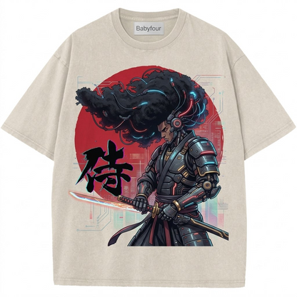 Retro Afro Swordsman Anime Graphic Unisex T-Shirt - Vintage Japanese Warrior Tee