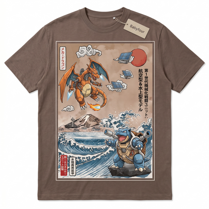 Vintage Fire Dragon vs Water Cannon Turtle Shirt, Japanese Anime Monster Battle Graphic Unisex T-Shirt