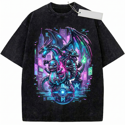 Vintage Fire Lizard Evolution Anime Graphic Unisex Tshirt, Retro Pocket Monster Starter Tee