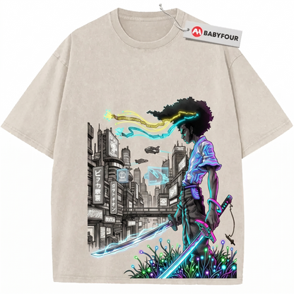 Retro Afro Swordsman Graphic Tee - Vintage Aesthetic Anime Unisex T-Shirt