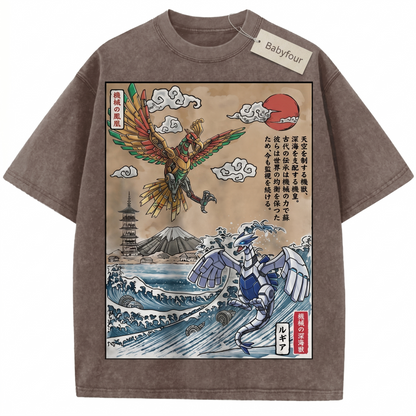 Vintage Ukiyo-e Mythical Beasts T-Shirt - Legendary Phoenix vs Sea Guardian Anime Graphic Unisex Tee