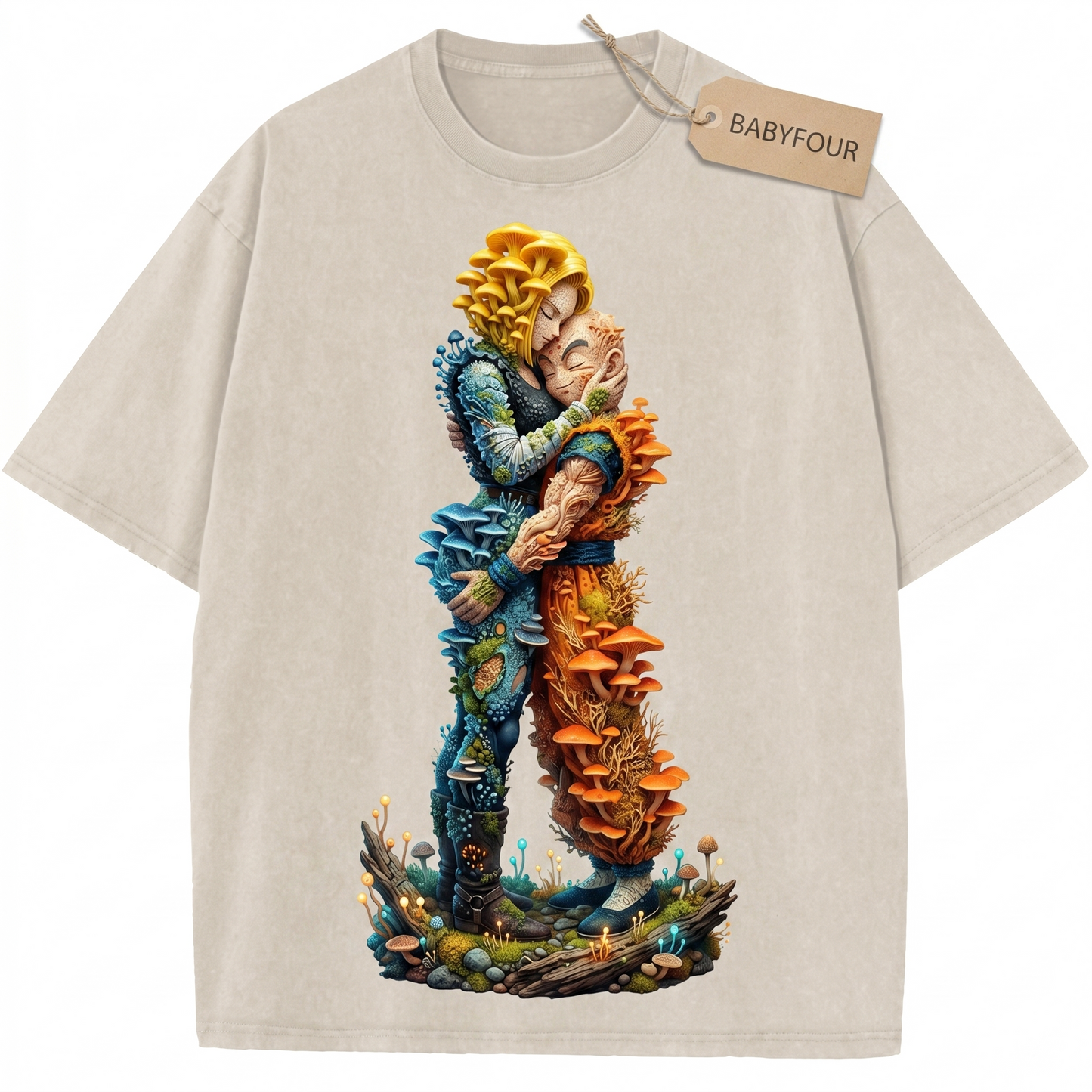 Vintage 90s Fighting Anime Couple Graphic Unisex T-Shirt - Retro Cyborg Girl and Bald Monk Embrace Tee
