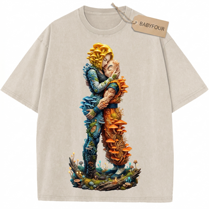 Vintage 90s Fighting Anime Couple Graphic Unisex T-Shirt - Retro Cyborg Girl and Bald Monk Embrace Tee