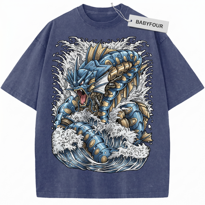 Vintage Japanese Anime Blue Water Dragon Unisex T-Shirt Retro Sea Monster Graphic Tee