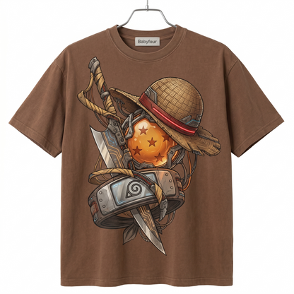 Vintage Shonen Anime Mashup Unisex T-Shirt  Straw Hat, Shinobi Ninja, Dragon Orb & Soul Reaper Graphic Tee