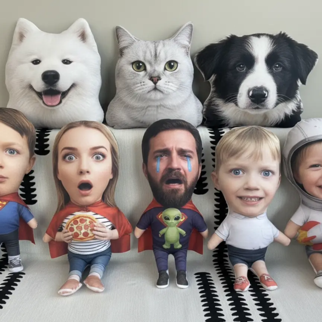 Collection of bobblehead figures including animals and people on a neutral background