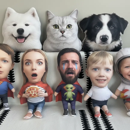 Collection of bobblehead figures including animals and people on a neutral background