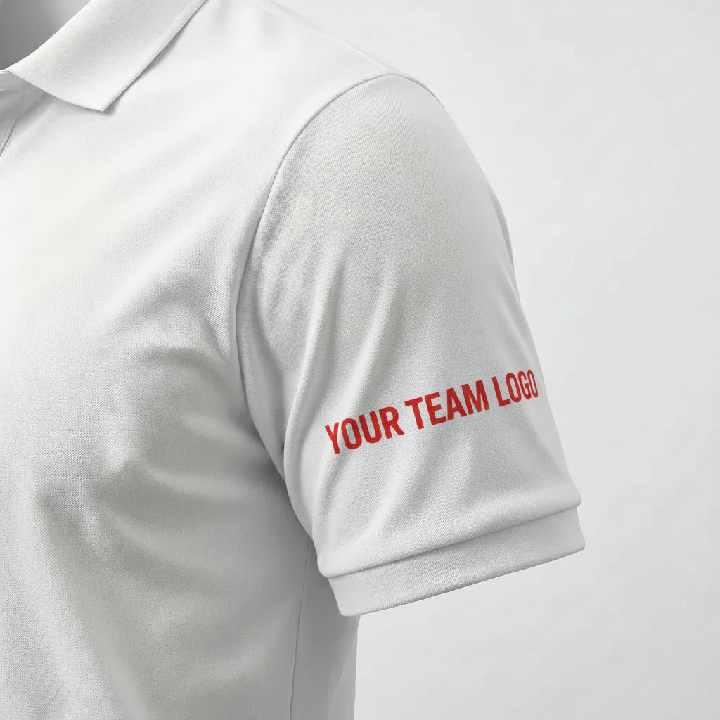 White polo shirt sleeve with customizable area for team logo, outdoor gear apparel