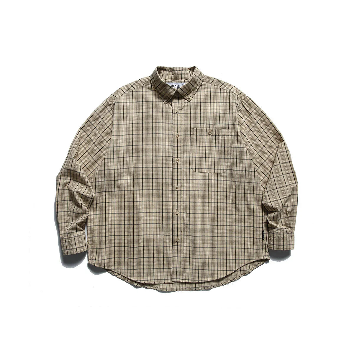 Beige plaid outdoor button-up shirt with chest pocket, laid flat on white background