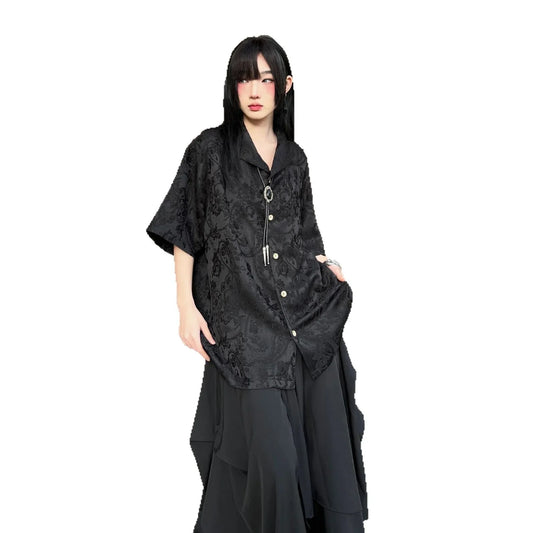 Jacquard shirt with loose design and short sleeved shirt