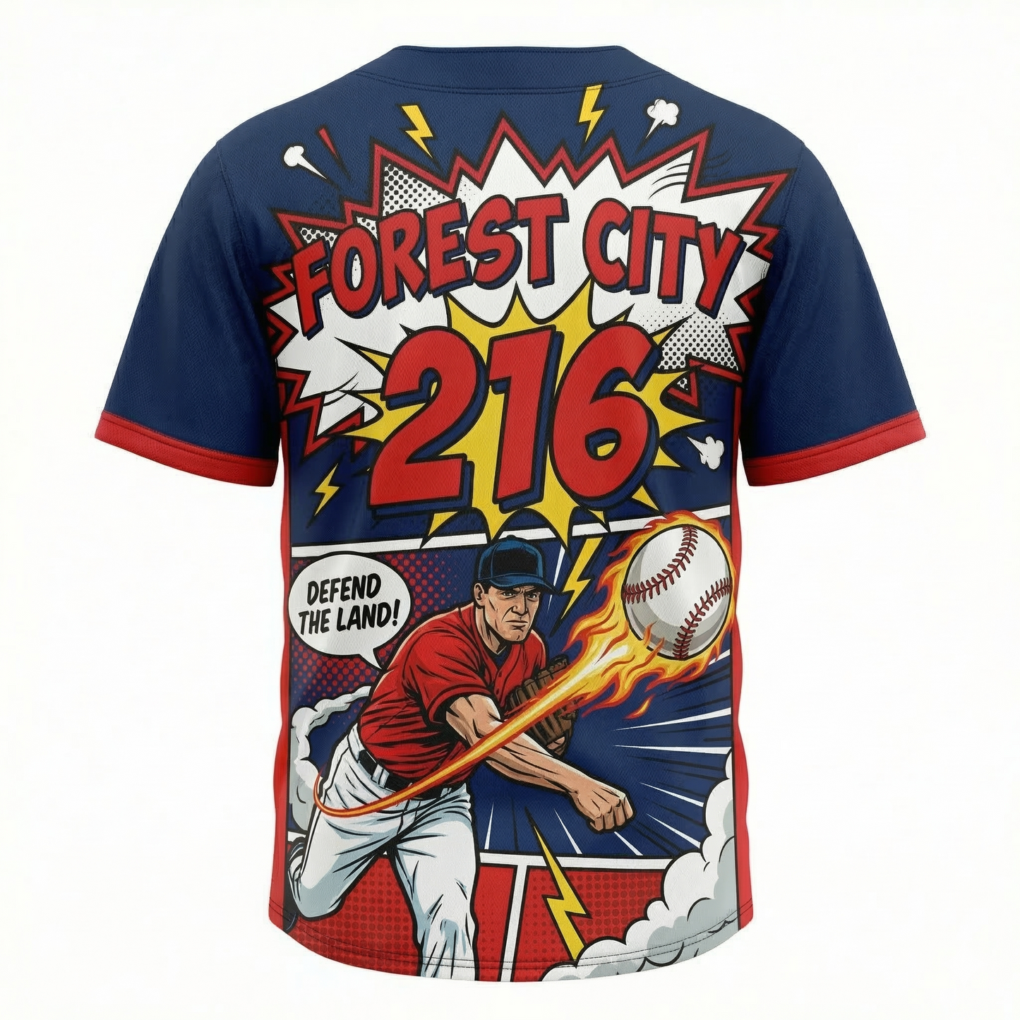 C-Town Midwest Baseball Heritage Unisex AOP Button-Up Jersey | Retro Comic Style Navy & Red Shirt