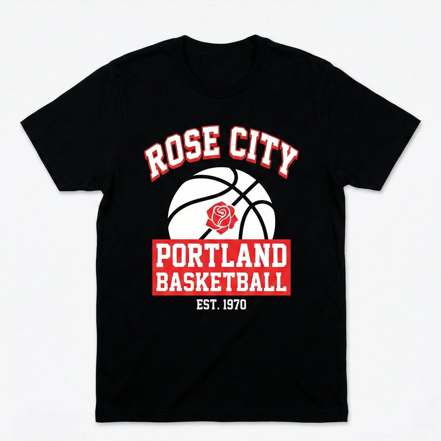 Black graphic tee with 'Rose City Portland Basketball Est. 1970' and a rose over basketball design
