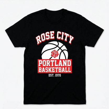 Black graphic tee with 'Rose City Portland Basketball Est. 1970' and a rose over basketball design