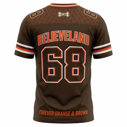 Cleveland Football Heritage AOP Fan Jersey - Men's & Women's V-Neck Orange Brown Gameday Shirt