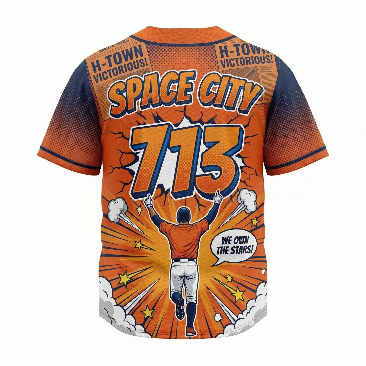 H-Town Space City Baseball Jersey Unisex | 90s Comic Bootleg Style All-Over Print Button-Up Shirt | Orange & Navy Graphic Baseball Apparel