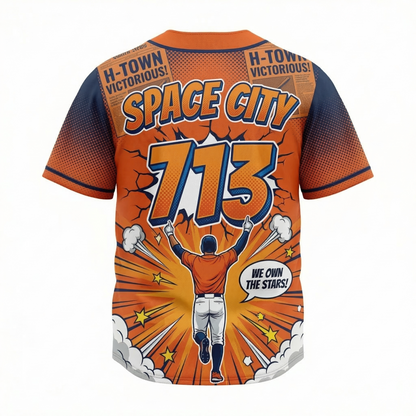 H-Town Space City Baseball Jersey Unisex | 90s Comic Bootleg Style All-Over Print Button-Up Shirt | Orange & Navy Graphic Baseball Apparel