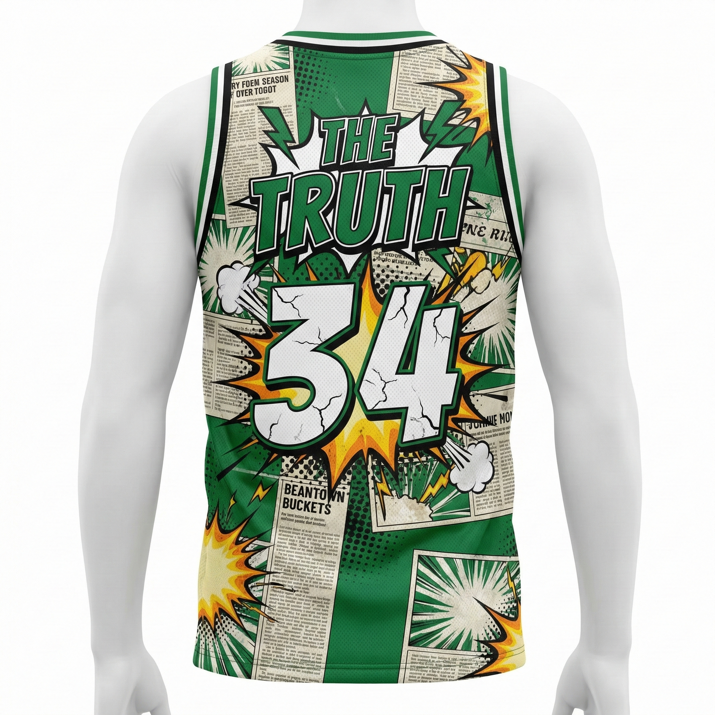 Vintage Beantown Hoops Comic Style AOP Basketball Jersey | Retro Shamrock City Streetwear Tank Top