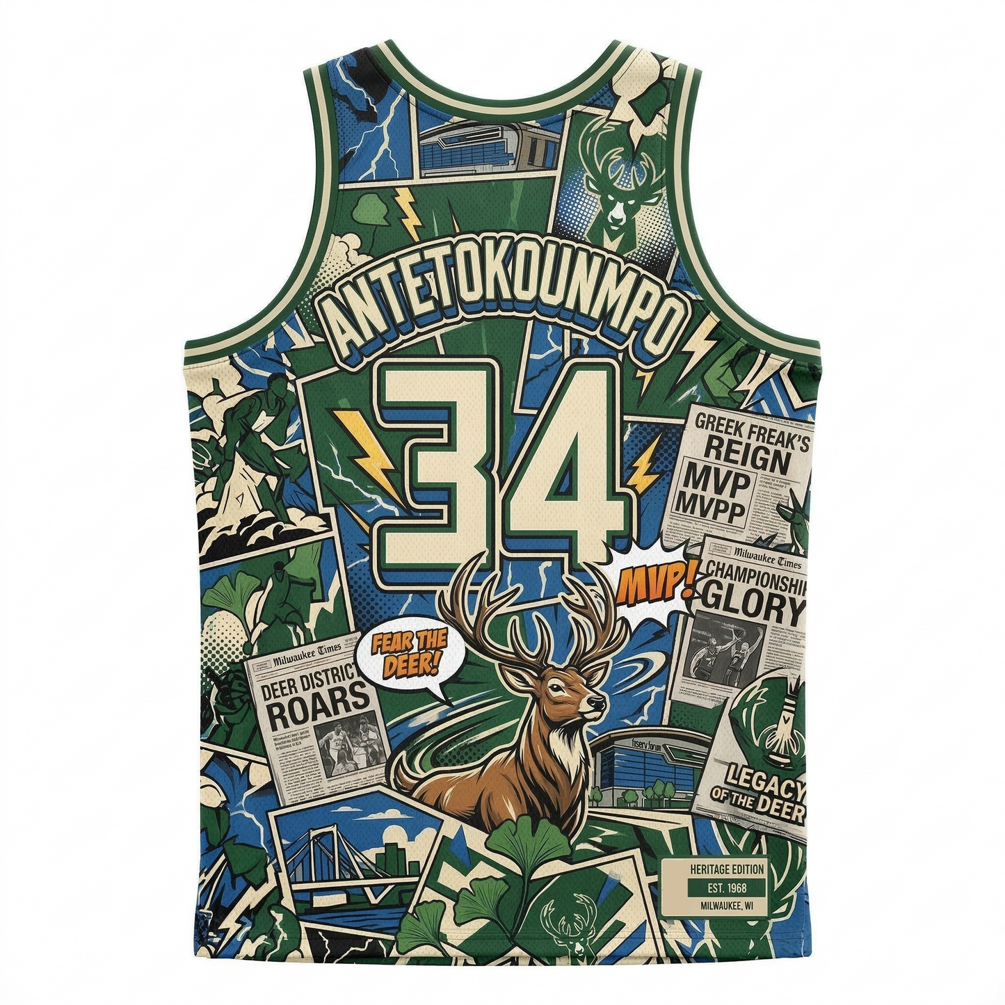 Retro Milwaukee Brew City Deer Comic Art Unisex Basketball Jersey - Green/Blue
