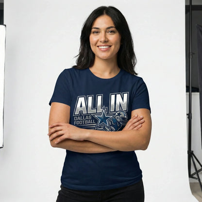 Smiling woman wearing navy blue 'ALL IN Dallas Football' T-shirt in studio setting