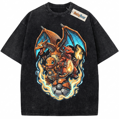 Vintage Fire Dragon Evolution Graphic Tee - Retro Anime Monster Wash Black Oversized Heavyweight Unisex T-shirt