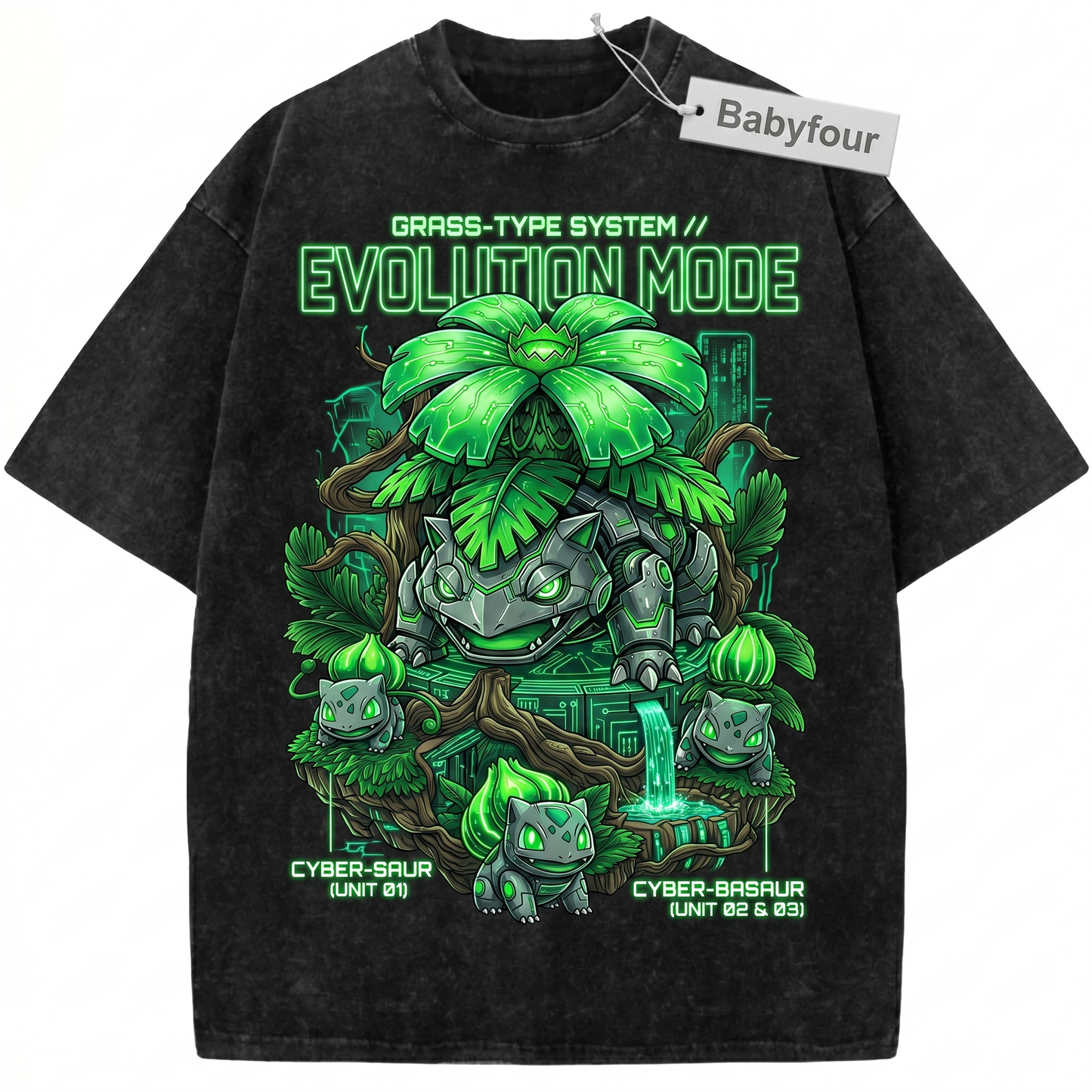 90s Bootleg Style Cute Green Monster Garden Giant Print - Funny Anime Inspired Monster Evolution Wash Graphic Unisex Tshirt