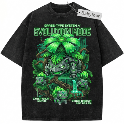 90s Bootleg Style Cute Green Monster Garden Giant Print - Funny Anime Inspired Monster Evolution Wash Graphic Unisex Tshirt