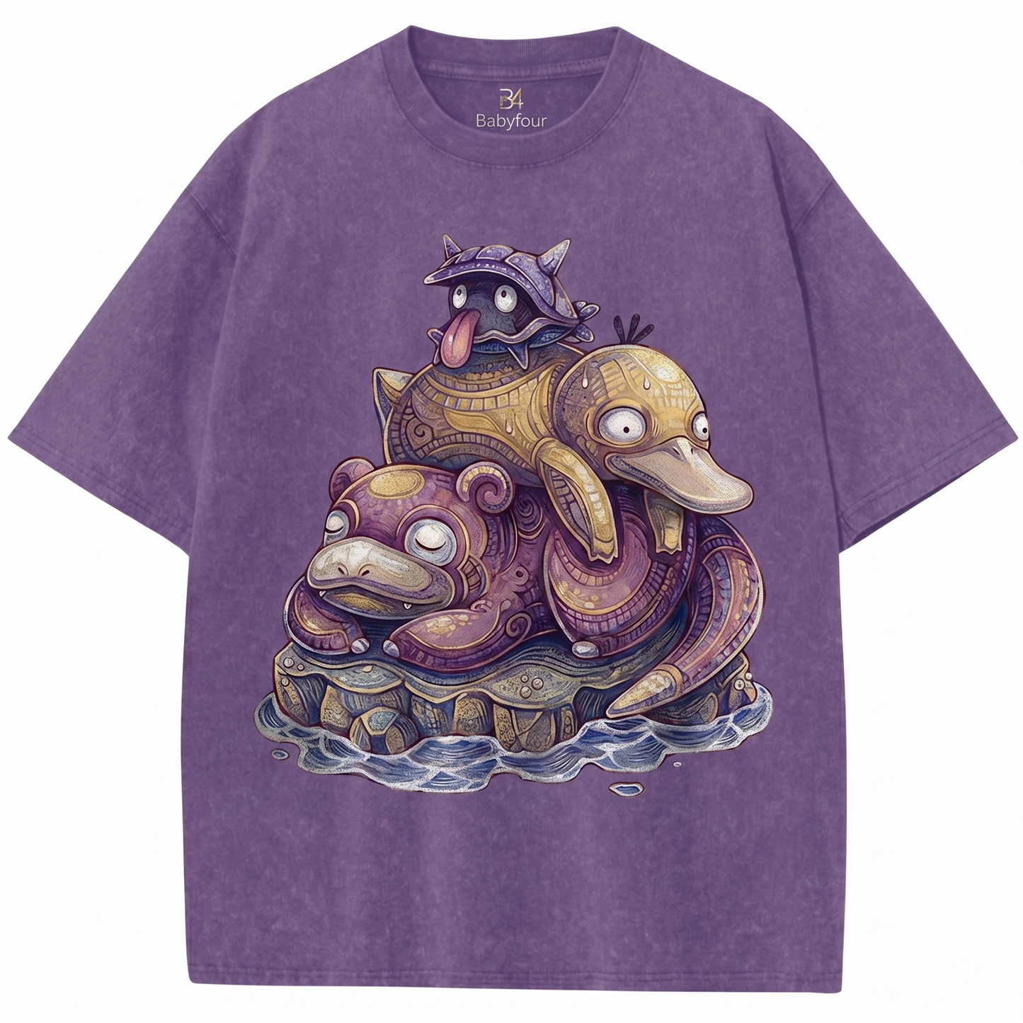 Vintage Acid Wash Cartoon Water Monster Stack Retro Graphic Heavyweight Unisex T-Shirt