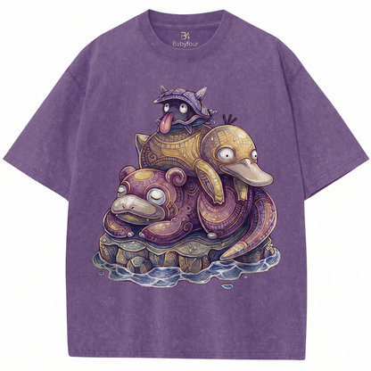 Vintage Acid Wash Cartoon Water Monster Stack Retro Graphic Heavyweight Unisex T-Shirt