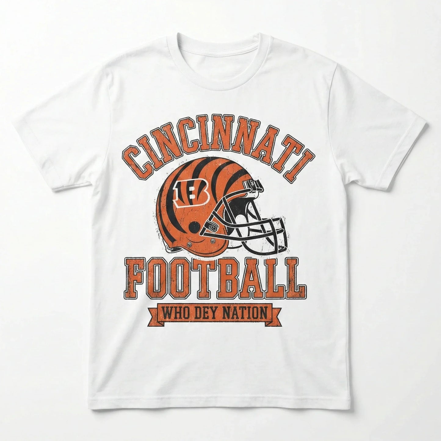 White T-shirt with Cincinnati football helmet graphic and Who Dey Nation text
