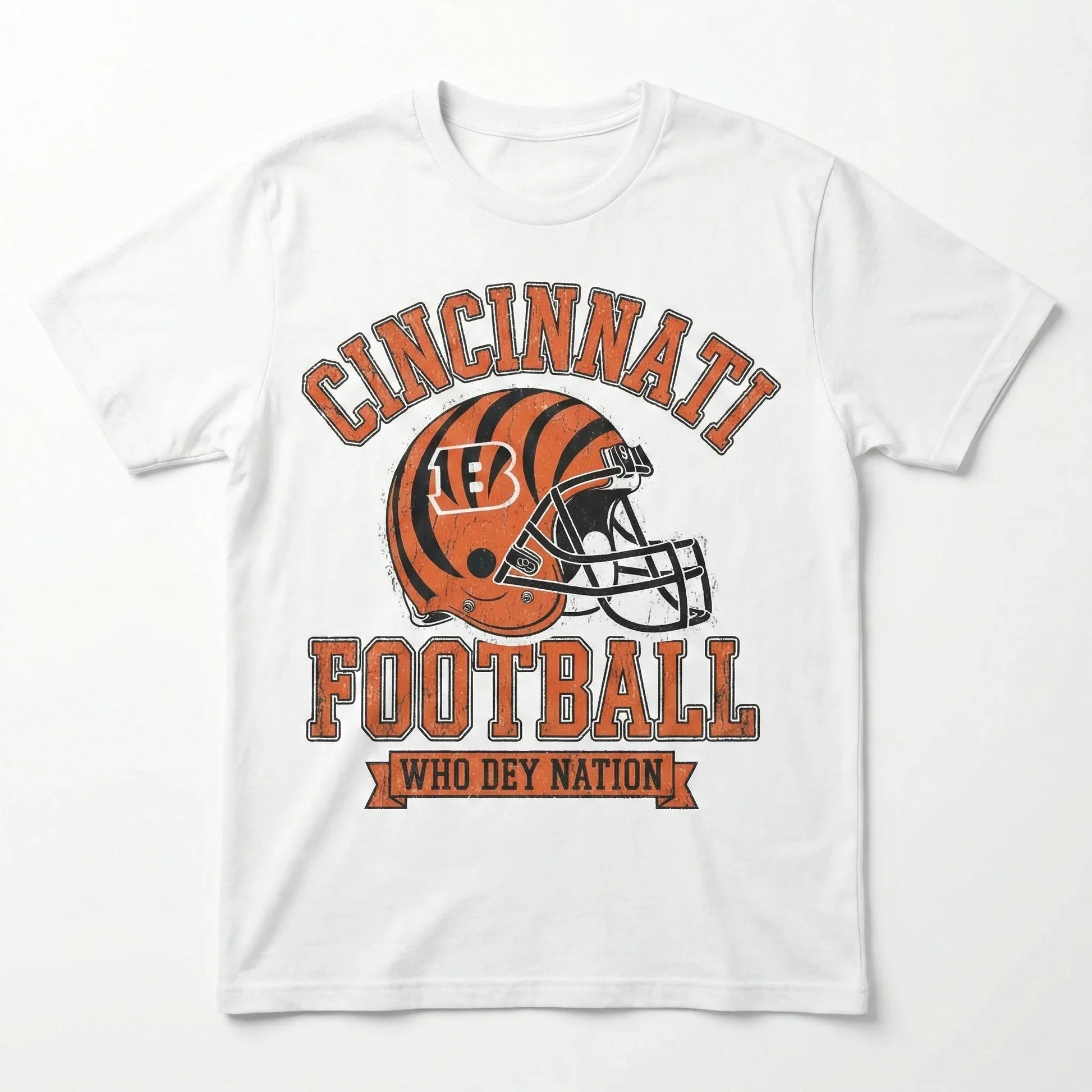 White T-shirt with Cincinnati football helmet graphic and Who Dey Nation text